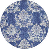 Round Nourison Whimsicle rug. Navy blue rug with ivory damask pattern. Farmhouse style.