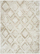 Close-up of the Nourison Dekor Ivory Taupe rug. High pile rug with a modern geometric diamond pattern in ivory and taupe.