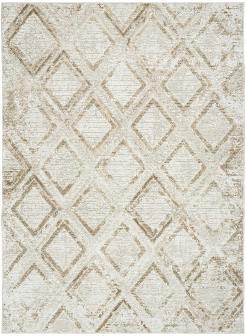 Close-up of the Nourison Dekor Ivory Taupe rug. High pile rug with a modern geometric diamond pattern in ivory and taupe.