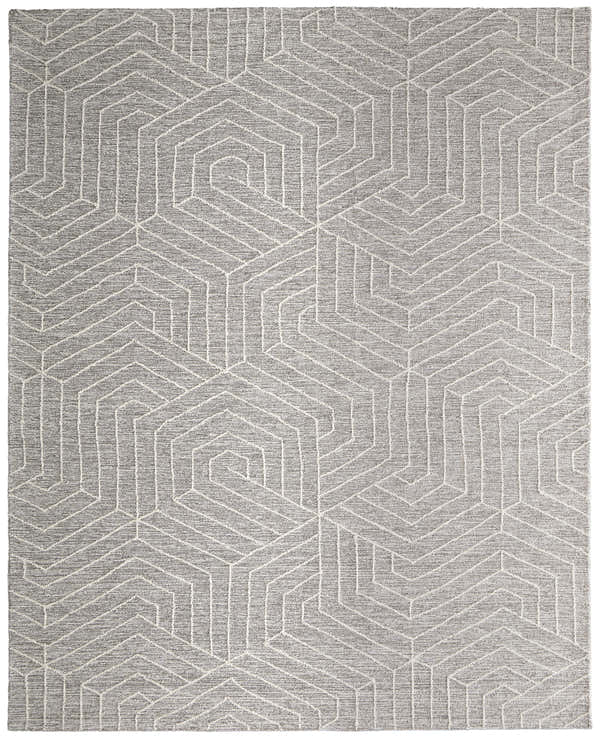 Close-up of the Feizy Emerson Gray/Ivory Area Rug. Features a modern geometric pattern and textured wool. Design-Rectangle