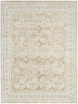 Close-up of the Nourison Dekor Cream Beige Vintage Area Rug, featuring a geometric pattern and high pile texture.
