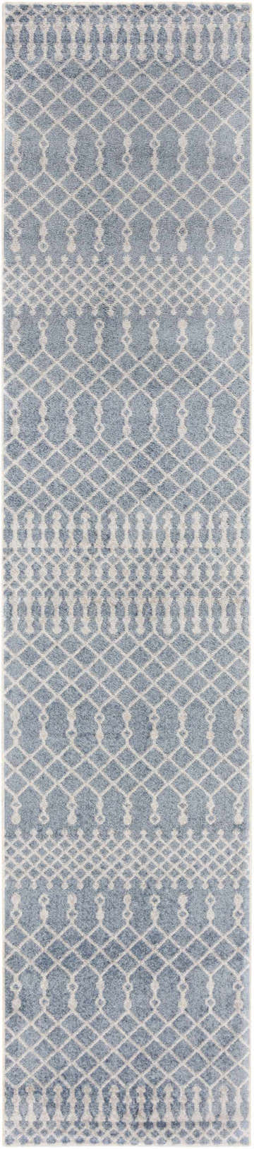 Close-up of Nourison Astra Machine Blue Bohemian rug showing diamond and geometric pattern. Washable rug.