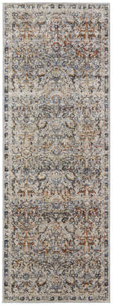 Close-up of the Feizy Kaia Transitional Damask Area Rug in tan, blue, and orange with a vintage-inspired floral pattern. Design-Runner