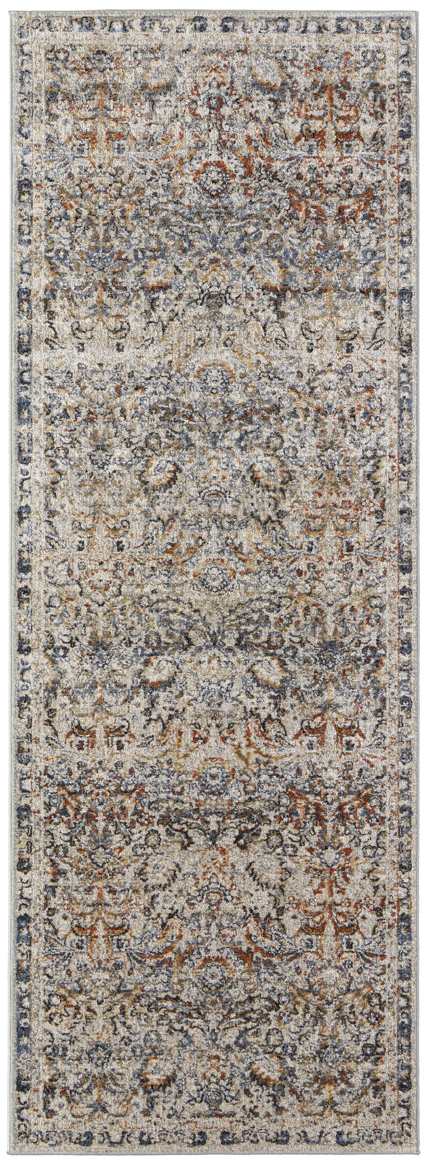 Close-up of the Feizy Kaia Transitional Damask Area Rug in tan, blue, and orange with a vintage-inspired floral pattern. Design-Runner