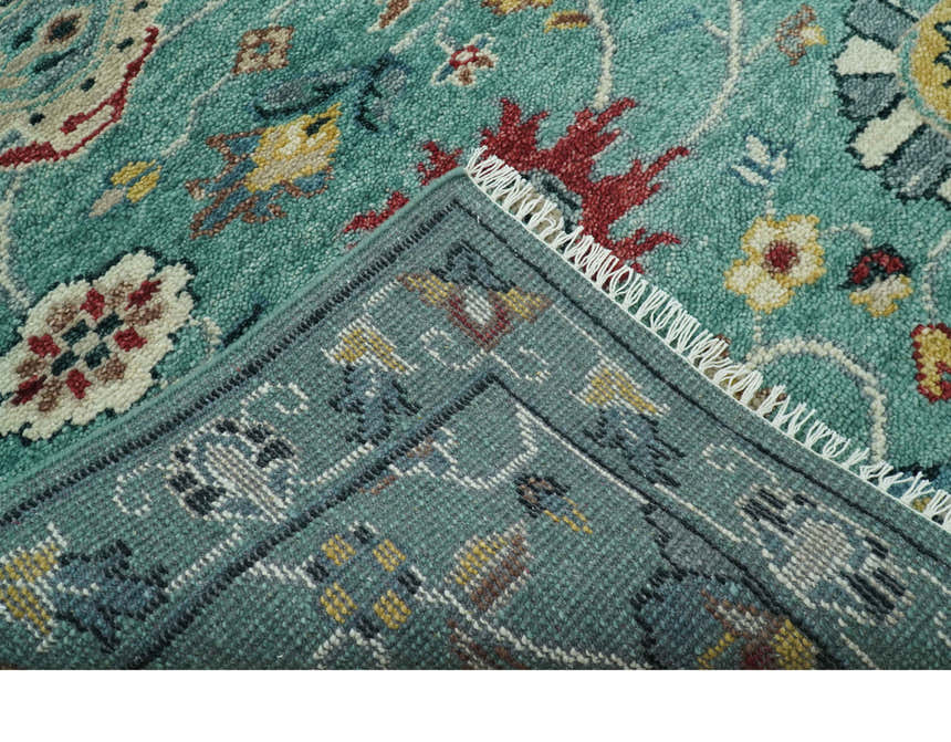 Teal And Yellow Modern Oushak Style Hand Knotted Custom Made Wool Rug
