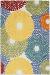 Close-up of the Nourison Aloha Multicolor Area Rug. Features a floral pattern in yellow, blue, green, orange, and red hues.