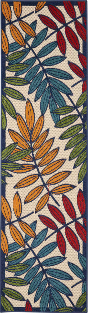 Close-up of the Nourison Aloha Multicolor Tropical Area Rug featuring orange, red, green, and teal leaves on a beige background.