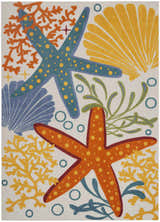 Close-up of Nourison Aloha Multicolor rug with starfish, coral, and seashells on a light background. Coastal style.