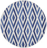 Close-up of a round Nourison Whimsicle Ivory Blue rug. Features a diamond pattern in shades of blue and white.