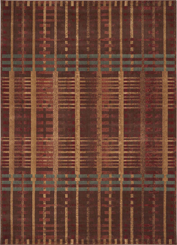 Close-up of the Nourison Somerset Multicolor rug; a modern, geometric design in brown, gold, red, and teal.