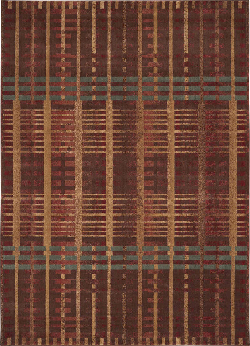 Close-up of the Nourison Somerset Multicolor rug; a modern, geometric design in brown, gold, red, and teal.