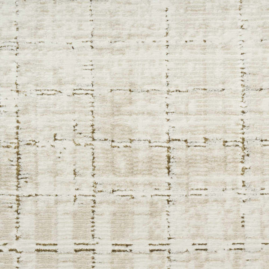 Close up of the DKNY Grand Street rug in ivory and beige with a modern grid pattern.