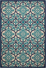 Close-up of the Nourison Aloha Navy Bohemian Area Rug. Features a geometric pattern in navy and teal on a beige background.