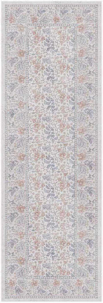 Close-up of Nourison Botanical Ivory Multicolor Farmhouse rug with floral pattern and chestnut accents. Runner shape.