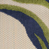 Close-up of the Nourison Aloha Multicolor Outdoor Area Rug featuring a bold green and navy wave pattern.