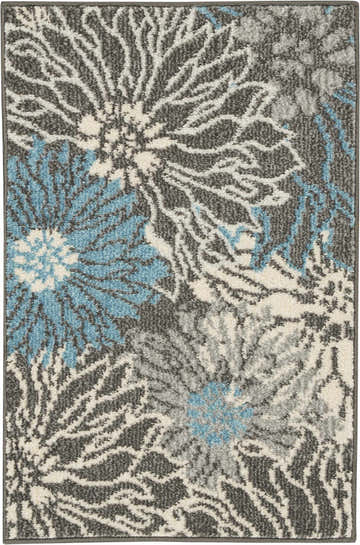 Close-up of Nourison Passion Charcoal Blue rug. Taupe, gray, and blue floral pattern. Contemporary style.