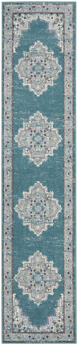 Close-up of Nourison Passion Turquoise Grey Bohemian Indoor Area Rug runner with a detailed medallion pattern.