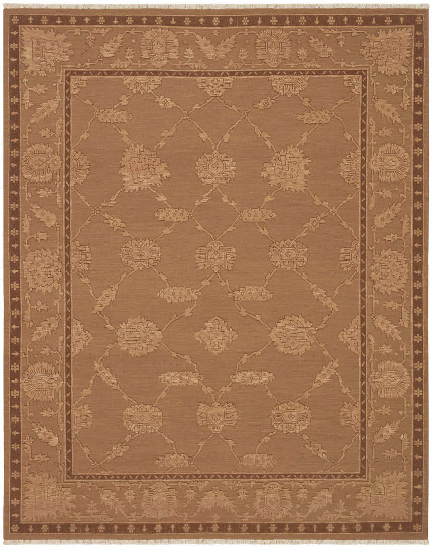 Close-up of the Nourison Silk Pointe Brown Vintage Area Rug, featuring a classic floral trellis pattern and dark brown border.