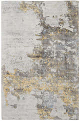 Close-up of Nourison Safari Dreams Ivory Gold Painterly rug. Abstract chestnut, gold, and gray pattern. Handmade rayon and cotton rug.