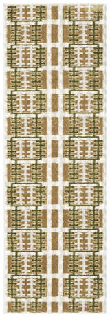 Close-up of Nourison Nordic Multicolor rug. Geometric pattern in tan, olive green, and cream. Modern style.