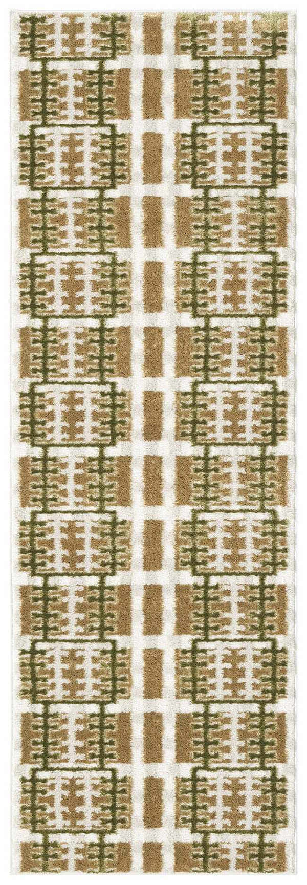 Close-up of Nourison Nordic Multicolor rug. Geometric pattern in tan, olive green, and cream. Modern style.