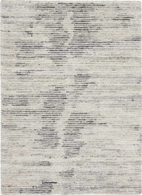 Close-up of the Nourison OCEAN Cream Charcoal rug. Taupe handmade rug with a subtle, modern horizontal pattern.