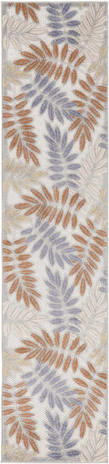 Close-up of Nourison Aloha Blue Mocha outdoor runner rug featuring a leaf pattern in blue, mocha, and cream.