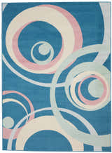 Close-up of the Nourison Grafix Blue Multicolor rug with a retro circle pattern in blue, pink, cream, and light green.