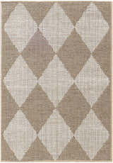 Close-up of the Nourison Modern Jute rug. Natural ivory rug with chestnut diamond pattern and woven texture.