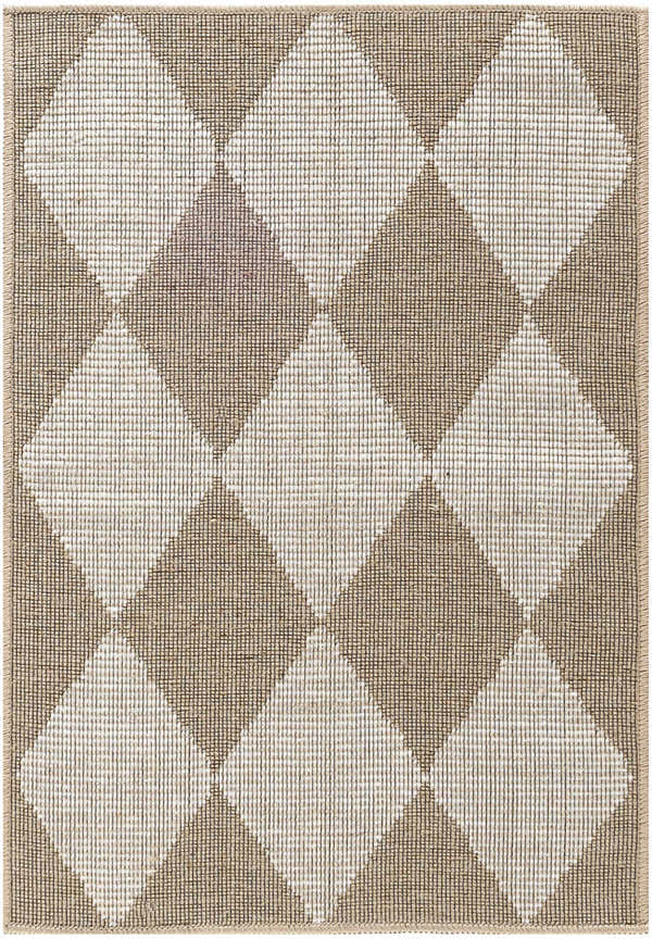 Close-up of the Nourison Modern Jute rug. Natural ivory rug with chestnut diamond pattern and woven texture.