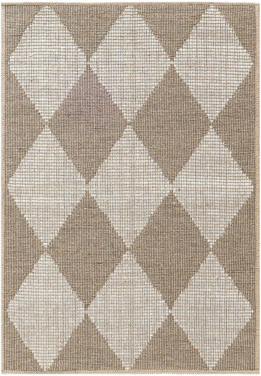 Close-up of the Nourison Modern Jute rug. Natural ivory rug with chestnut diamond pattern and woven texture.