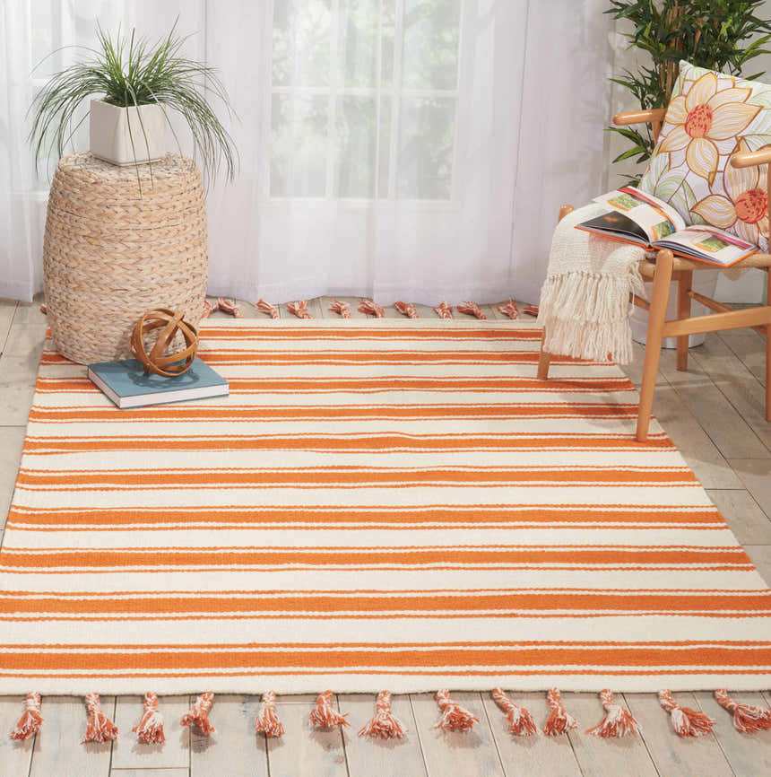 Sunlit room scene with orange striped Nourison Rio Vista rug, tassel trim, wood chair, and woven side table.