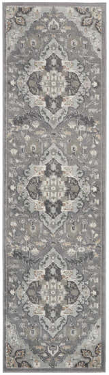 Close-up of Nourison Elation Ivory Grey rug, showcasing its transitional design, high pile texture, and chestnut color accents.