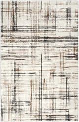 Close-up of Calvin Klein CK029 Captivating Ivory Multicolor rug. Abstract line pattern in chestnut, brown, and black on an ivory base.
