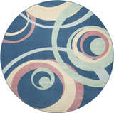 Round Nourison Grafix Blue Multicolor rug with eclectic circle pattern in blue, pink, cream, and mint.