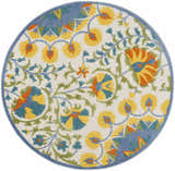 Close-up of a round Nourison Aloha Multicolor Transitional Area Rug with a floral pattern in yellow, blue, green, and orange.
