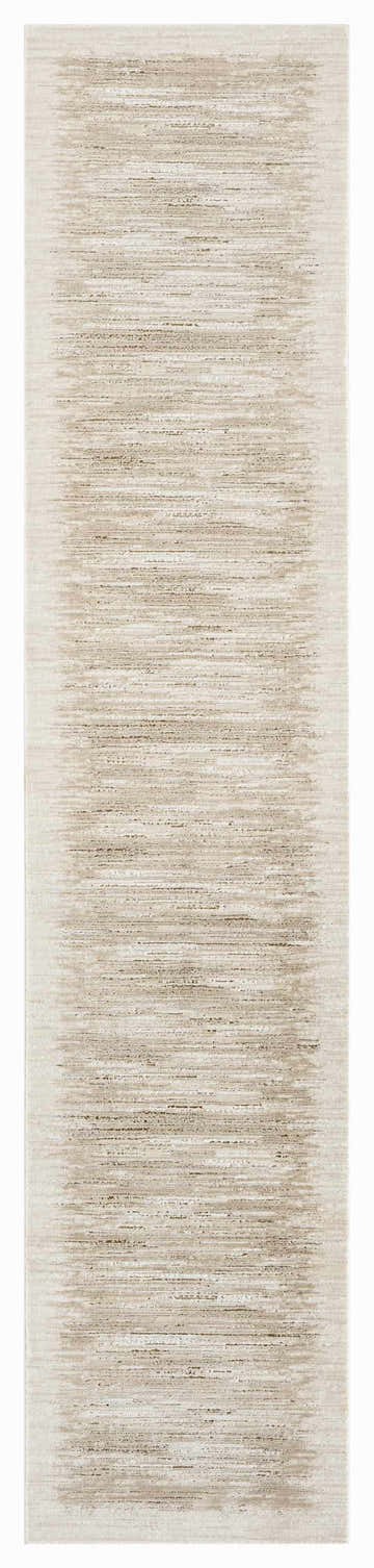 Close-up of DKNY Grand Street Ivory Taupe rug. Modern design with horizontal striations in neutral colors.