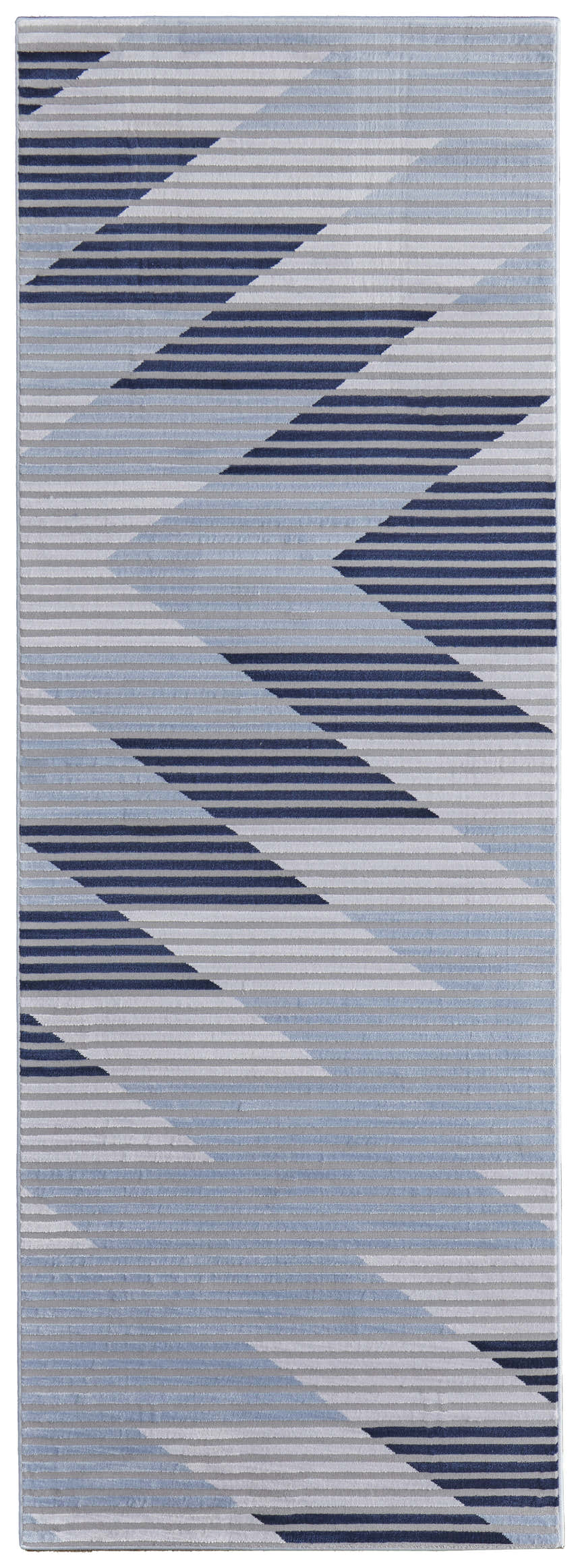 Feizy Marigold rug with blue, gray, and white geometric pattern. Modern runner rug design. Design-Runner