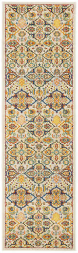 Close-up of the Nourison Allur Ivory Multicolor Bohemian Area Rug, featuring chestnut, blue, and yellow floral accents.