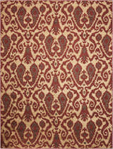 Close-up of the Nourison Kindred Ivory/Red Indoor Area Rug, featuring a detailed chestnut-colored, ornate, traditional pattern.