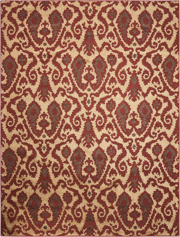 Close-up of the Nourison Kindred Ivory/Red Indoor Area Rug, featuring a detailed chestnut-colored, ornate, traditional pattern.