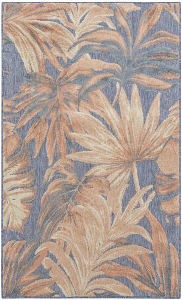 Close-up of the Nourison Aloha Blue Rose area rug featuring a peach and blue tropical leaf pattern.