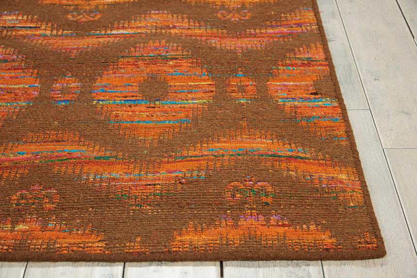 Close up of Nourison Spectrum Flame Chocolate rug showing bamboo silk, wool, and cotton texture.