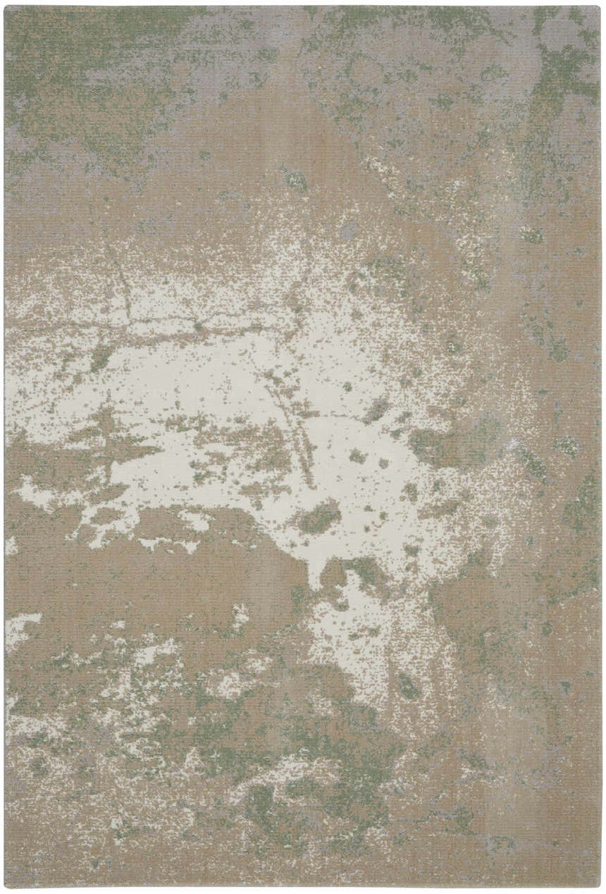 Close-up of Nourison Twilight Ivory Green rug. Abstract pattern in ivory, green, and chestnut. Mid-century modern style.