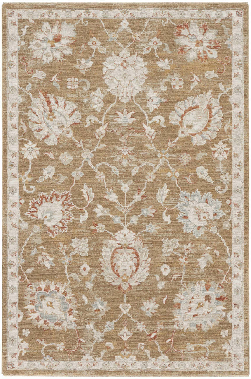 Close-up of Nourison Infinite Mocha Vintage rug. Light brown with floral pattern in cream, red, and blue. Vintage style.