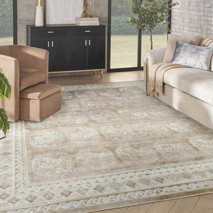 Living room scene with a Nourison Dekor Cream Beige Vintage Indoor Area Rug, beige sofa and chair, and black cabinet.