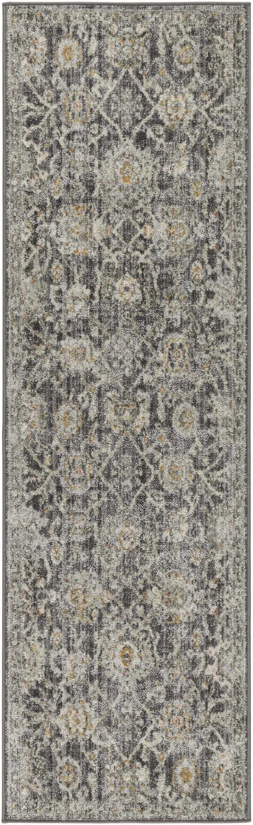 Close-up of the Nourison Oushak Home Charcoal Vintage Indoor Area Rug with taupe floral and diamond pattern.
