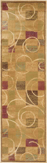 Close-up of Nourison Expressions Beige rug featuring a modern geometric design with squares and swirling lines.
