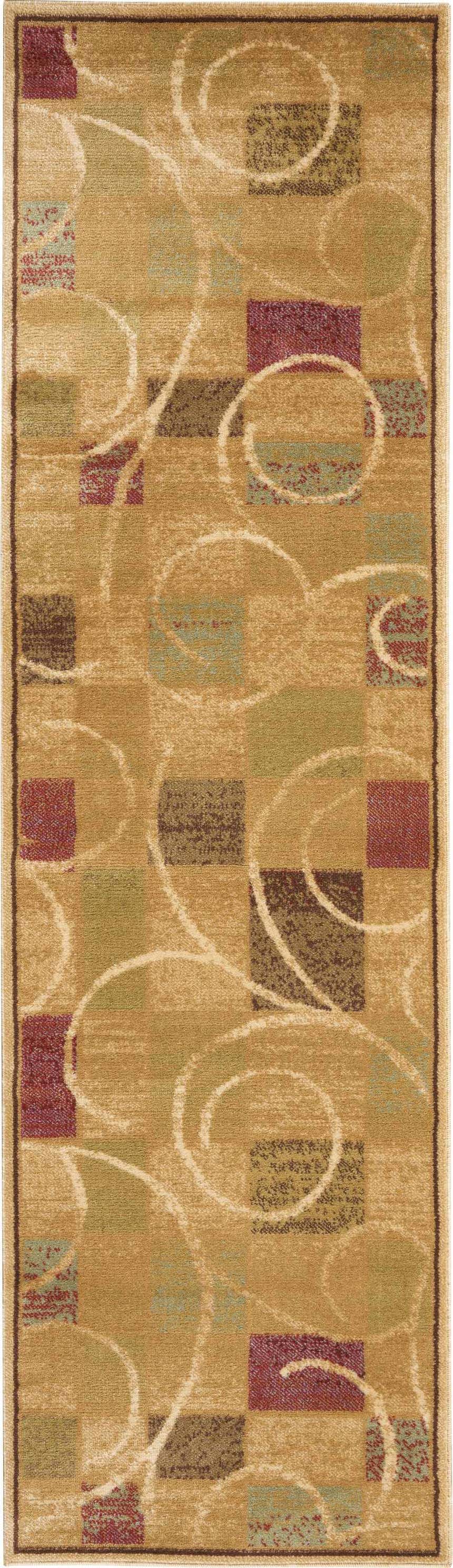 Close-up of Nourison Expressions Beige rug featuring a modern geometric design with squares and swirling lines.