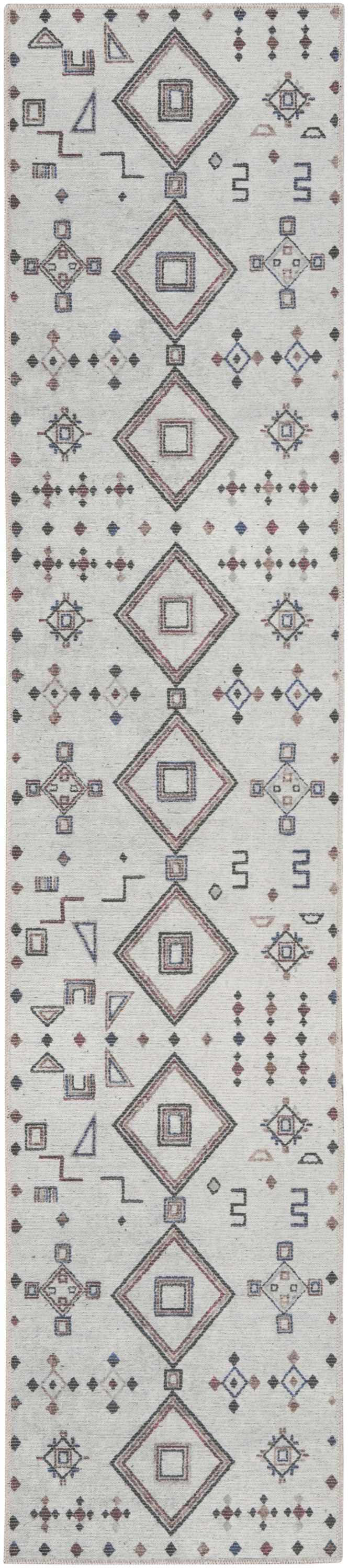 Close-up of Nourison New Concept Ivory Multicolor Bohemian Rug with geometric shapes and chestnut accents.